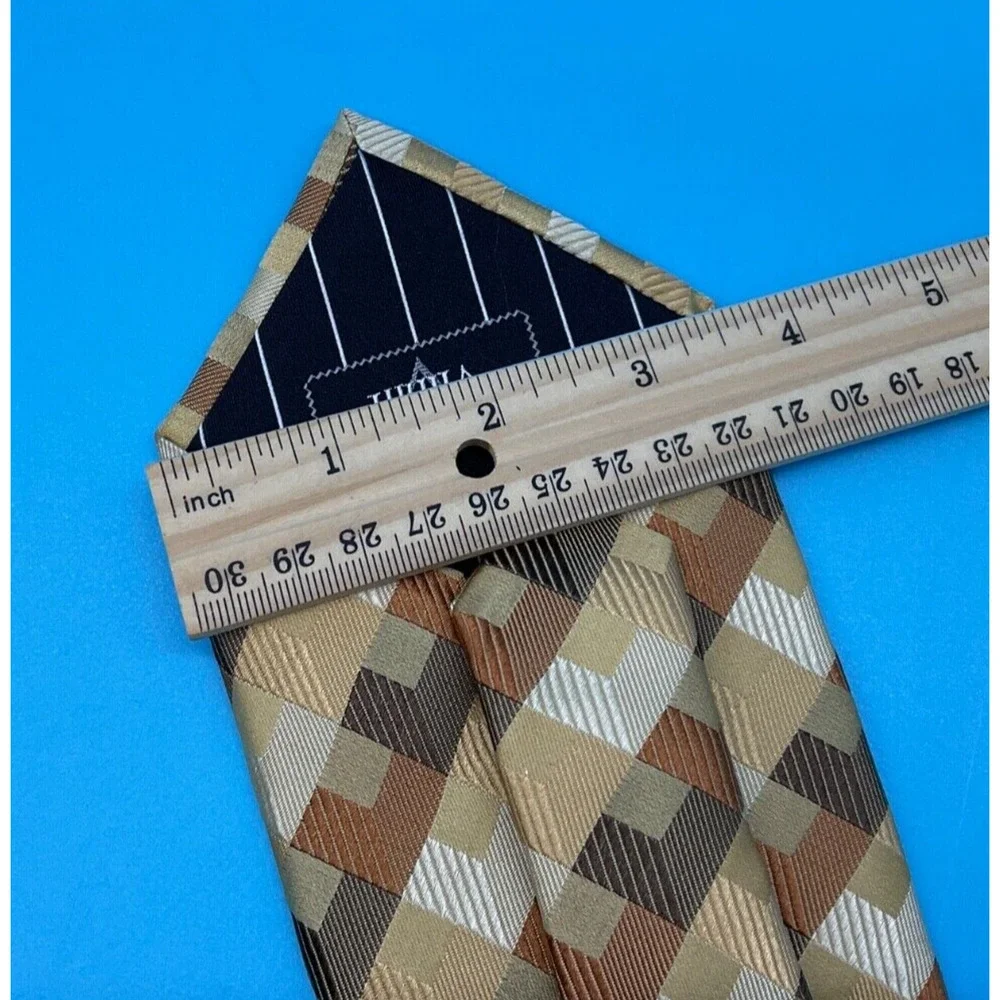 Villini Men's 100% Silk Tie Geometric Check Pattern Brown Gold‎ 3.5